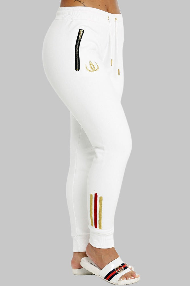 Deluxe Joggers Vita framifrån — premium sweatpants Wallderinska
