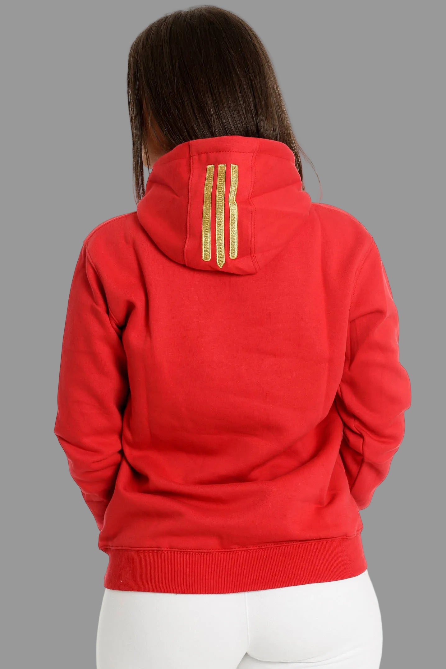 Deluxe Hoodie Röd framifrån — premium huvtröja Wallderinska